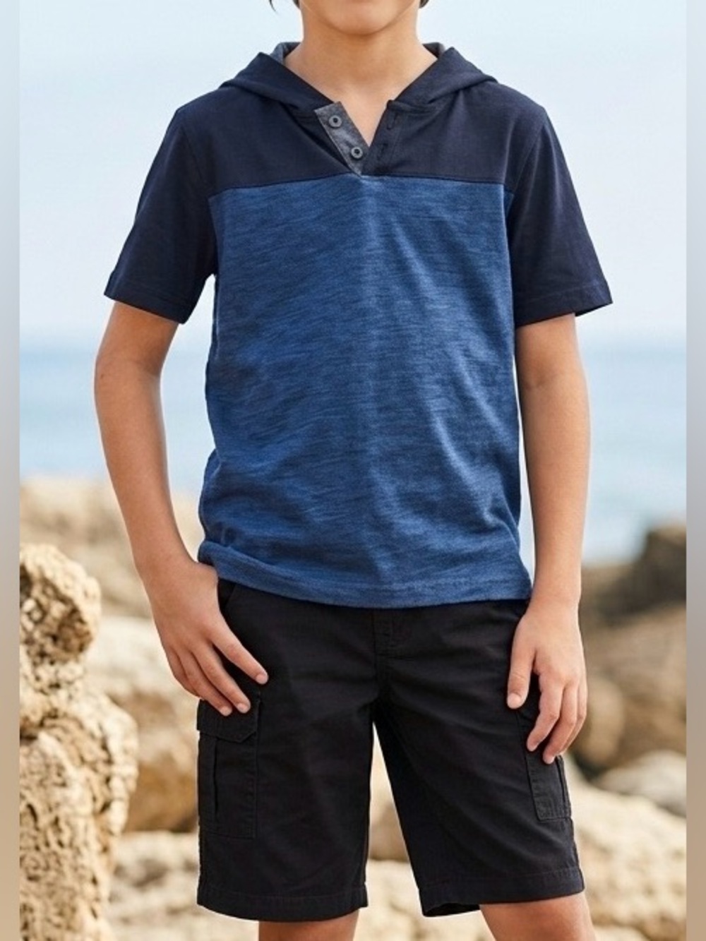Kids Short Sleeve Hooded Tee and Cargo Shorts Matching Set in Navy Blue